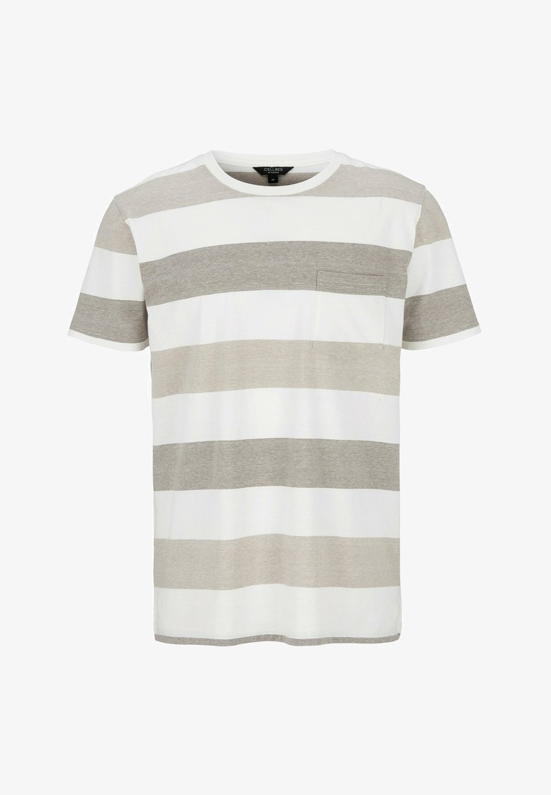 Raidallinen t-paita vaaleanharmaana ja valkoisena. Ominaisuuksiin kuuluvat lyhyet hihat, pyöreä kaula-aukko ja pieni rintatasku. Pehmeää puuvillakangasta.