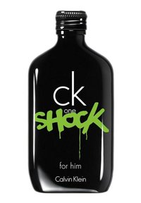 Sort glasflaske med rund form, der har fedt grønt graffiti-lignende tekst. Etiketten står der "ck one SHOCK for him" og "Calvin Klein."