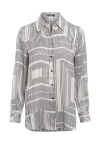 Long-sleeve button-up shirt in lightweight fabric, featuring a black and white geometric line pattern with a relaxed fit and button detail.