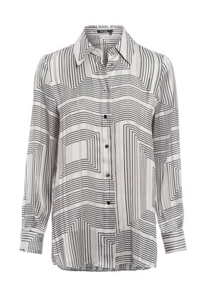 Long-sleeve button-up shirt in lightweight fabric, featuring a black and white geometric line pattern with a relaxed fit and button detail.