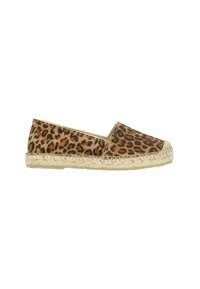 Espadrille schoenen met luipaardprint, voorzien van een bovenwerk van stof en een jute zool. Heeft een ronde neus en een instapontwerp met contrasterende stiksels.