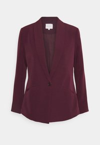 Bordeaux blazer met een sjawl-revers, enkele knoopsluiting, twee zijzakken en een gladde stof, met een op maat gemaakte pasvorm.