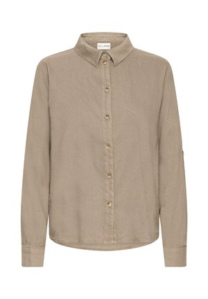 helepruun, pika varrukaga nööbitav särk klassikalise kraega, tekstureeritud kangast ja õrna läikega; ees on nupud.