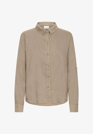 helepruun, pika varrukaga nööbitav särk klassikalise kraega, tekstureeritud kangast ja õrna läikega; ees on nupud.