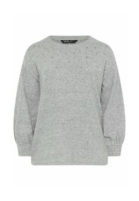 Sweatshirt gris avec des manches longues légèrement bouffantes. Présente de petites embellissements scintillants disposés en motif sur le devant. Texture douce.