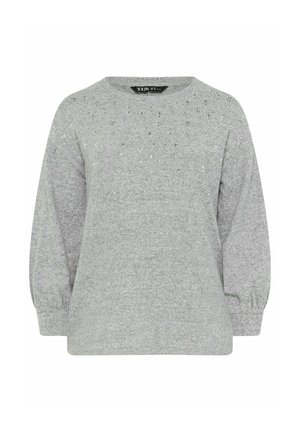 Grijze sweatshirt met lange, licht gepofte mouwen. Bevat kleine, sprankelende versieringen die in een patroon over de voorkant zijn gerangschikt. Zachte textuur.