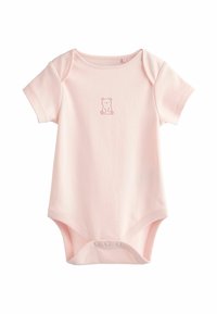 Rövid ujjú, rózsaszín bébi body puha pamutból, aranyos világos róka mintával, alsó patentos záródással.