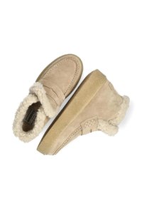 Beige suede ankle boots with a shearling lining, flat rubber sole, and decorative stitching on the upper. Low-profile design.