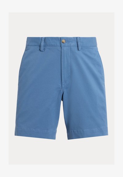 Blauwe casual korte broek met knoop en riemlussen, zakken aan de voorkant en een strak, eenvoudig ontwerp.