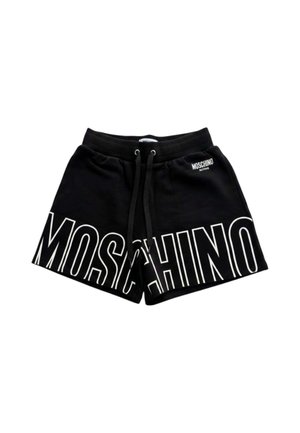 Czarne szorty z sznurkiem, duży biały napis "MOSCHINO" z przodu i mniejsze logo "MOSCHINO ACTIVE" w pobliżu paska po prawej stronie.
