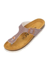Brown and pink thong sandal with textured strap, flat cushioned footbed, and adjustable metal buckle detail. Rubber outsole for grip.