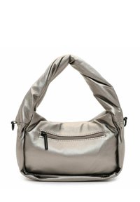 Borsa a mano in metallo argentato con manico annodato, texture morbida, tasca frontale con zip e forma arrotondata. Superficie liscia e elegante con una leggera lucentezza.