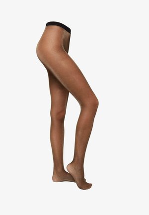 Tights transparent de color marrón con un acabado brillante, que cuentan con una cintura elástica negra. La textura parece suave y brillante, con una calidad ligeramente iridiscente.