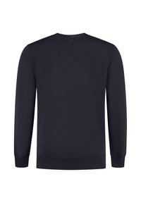Donkerblauwe longsleeve crewneck sweatshirt met geribde manchetten en zoom, gemaakt van zachte stof, met een gladde textuur en een minimaal ontwerp.