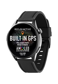 Ronde zwarte smartwatch met een stijlvolle metalen bezel, zwarte siliconen band, AMOLED-display dat GPS, muziekopslag en belmogelijkheden toont.
