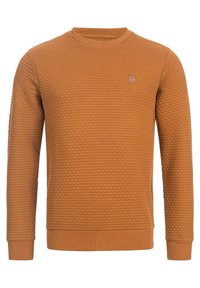 Felpa di un arancione bruciato con texture, scollo rotondo, maniche lunghe e una sottile etichetta del logo sul petto. Presenta polsini e orlo a costine.