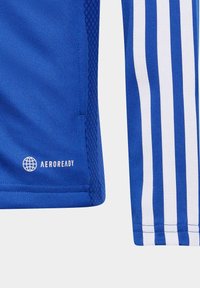 Blaues Sportshirt mit strukturiertem Stoff, weißen vertikalen Streifen und einem "AEROREADY"-Logo am Saum.