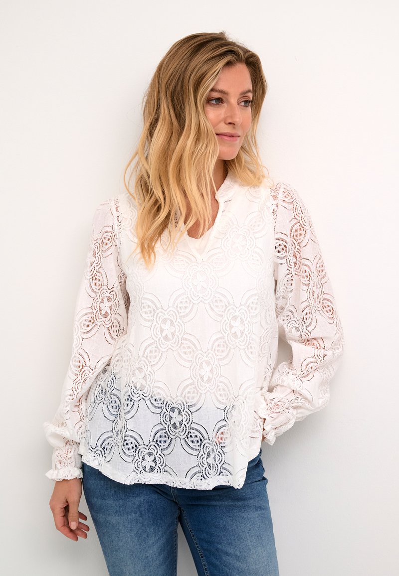 Blusa bianca in pizzo con motivi floreali, maniche lunghe a sbuffo e un sottile scollo a V. Abbinata a jeans blu, su uno sfondo neutro.