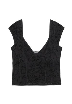 Top court noir avec un profond décolleté en V et des larges bretelles, présentant un subtil motif floral et une silhouette ajustée.