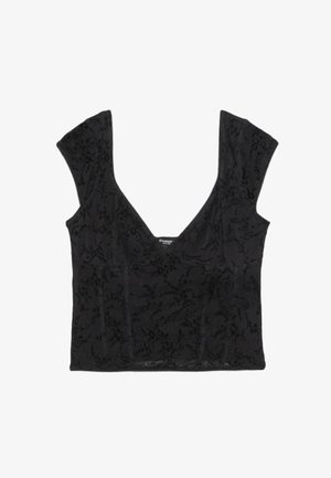 Zwart cropped top met diepe V-hals en brede schouderbanden, met een subtiel bloemenpatroon en een aansluitende pasvorm.