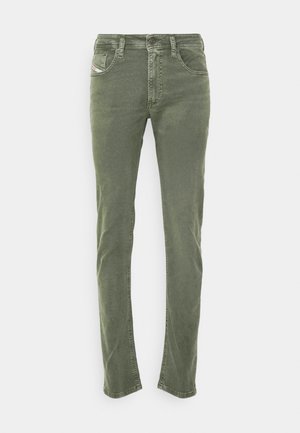 Olive green jeans made from soft cotton fabric, featuring a straight cut, five pockets, and subtle stitching along the edges.