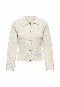 Cardigan crème tricoté avec col, devant boutonné et ourlet festonné. Motif texturé avec détails en ajouré et en torsades.
