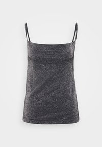 Svart ärmlös topp med tunna band, med en glittrande textur och en figurnära design. Slät tyg med subtil glittrande effekt.
