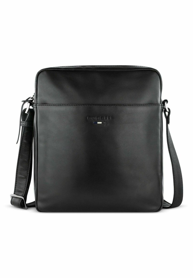 Borsa a tracolla nera in pelle con una superficie liscia, forma rettangolare, tracolla regolabile e dettagli del logo discreti sulla parte anteriore.