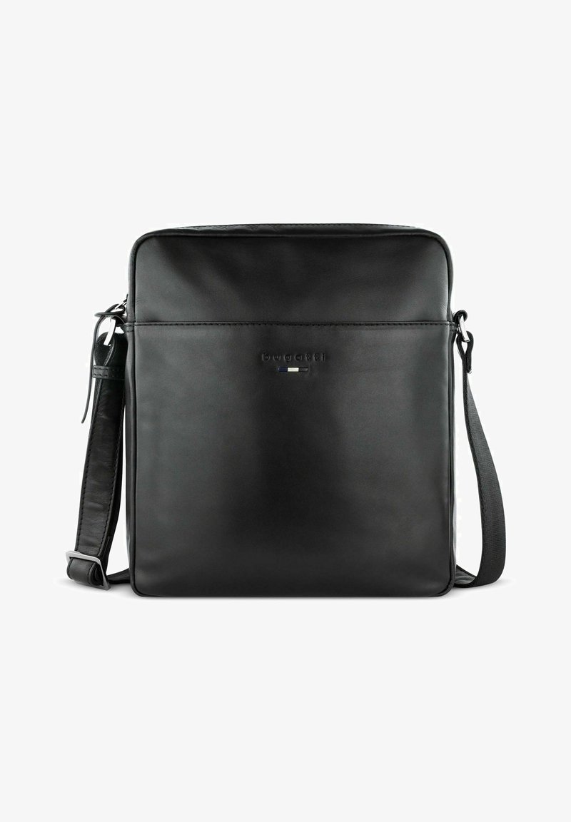 Borsa a tracolla nera in pelle con una superficie liscia, forma rettangolare, tracolla regolabile e dettagli del logo discreti sulla parte anteriore.