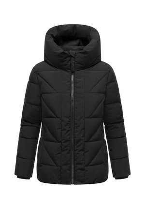 Sort oppustelig jakke med høj krave, udstyret med en frontlynlås og quiltet design med trekantede mønstre på stoffet.