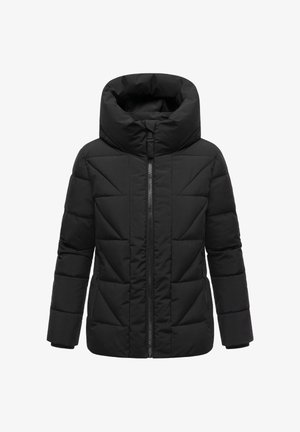 Crna puffer jakna s visokim ovratnikom, koja sadrži prednji zip i kviltani dizajn s trokutastim uzorcima na tkanini.