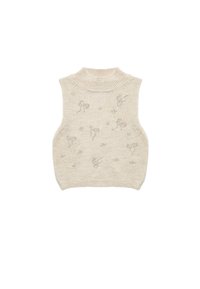 Maglioncino senza maniche di un beige chiaro con collo alto, caratterizzato da motivi decorativi ricamati di fiocchi e stelle su tutta la superficie.