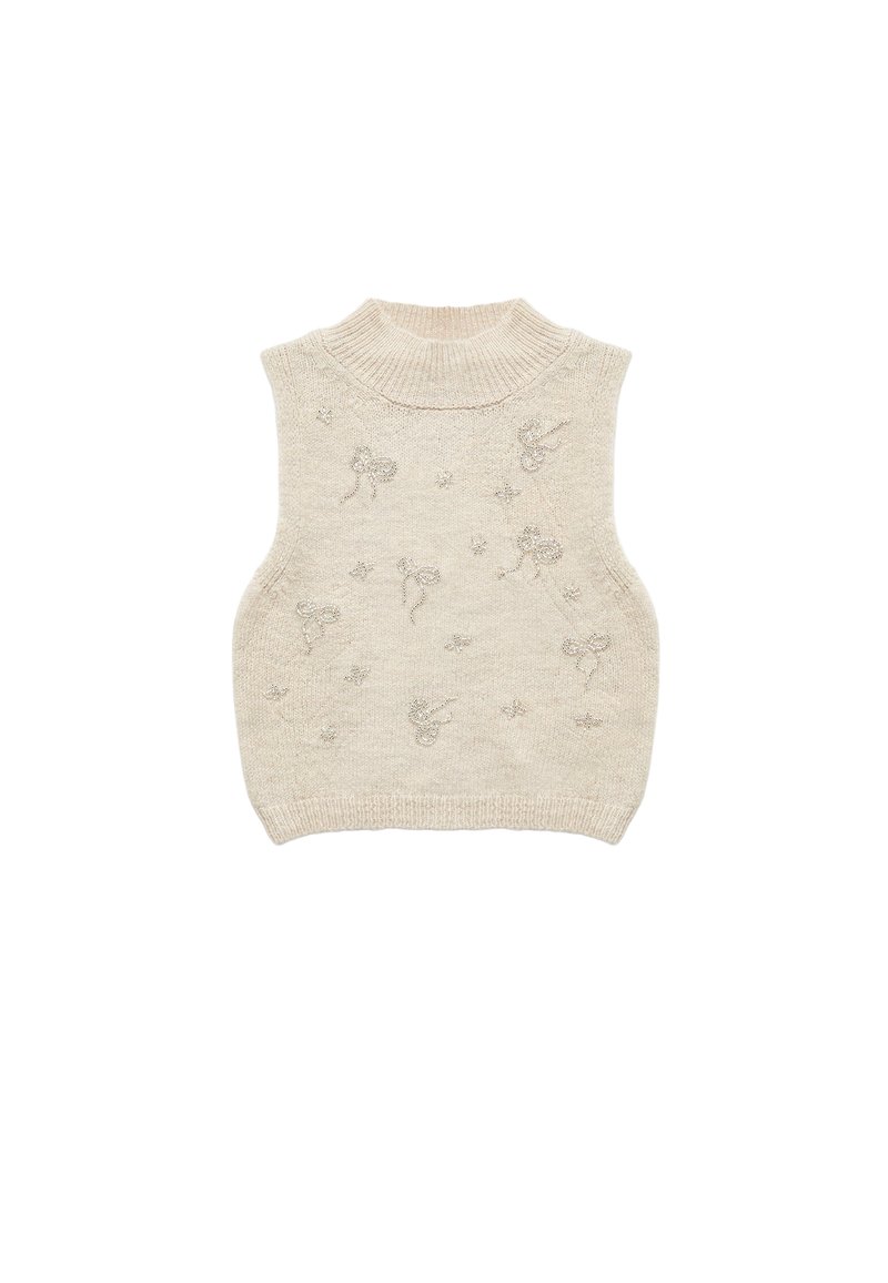 Maglioncino senza maniche di un beige chiaro con collo alto, caratterizzato da motivi decorativi ricamati di fiocchi e stelle su tutta la superficie.