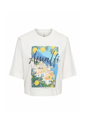 Biały krótki t-shirt z kolorowym nadrukiem miasta na Wybrzeżu Amalfitańskim, cytryn i zieleni, z napisami „Amalfi” i „Italy” z przodu.