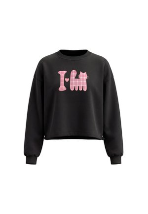 Sort sweatshirt med pinkternet tekst, der viser "I" et hjerte og en kattefigur i stedet for ordet "love" på forsiden.