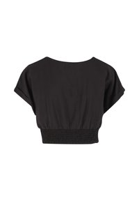 Top court noir à manches courtes avec un large décolleté et une taille élastiquée froncée, présenté de dos sur fond blanc.