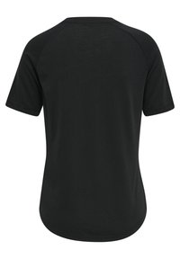 Sort kortærmet T-shirt med rund kant, lavet af letvægtsstof. Har raglanærmer og en glat tekstur.