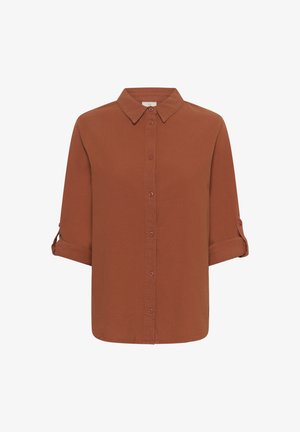 Rostfarbendes Button-up-Hemd mit Kragen, langen Ärmeln, bis zu den Ellenbogen hochgekrempelt, aus einem glatten Stoff mit lockerer Passform.