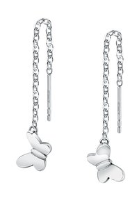 Orecchini a forma di farfalla in argento con catene collegate, caratterizzati da superfici lucidate e un design moderno. Ogni farfalla presenta una forma simmetrica.