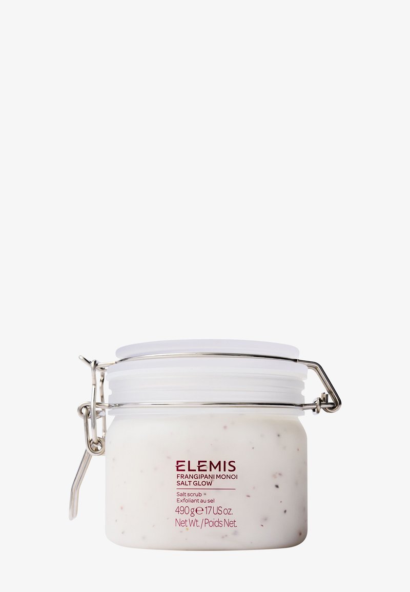 Pot met Elemis Frangipani Monoi Salt Glow scrub met metalen sluiting, met productnaam en gewicht op een witte pot.