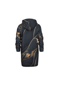 Hooded sweatshirt in black with gold abstract patterns. Features long sleeves, a relaxed fit, and ribbed cuffs. Soft fabric texture.