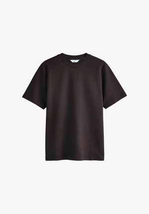 Brown short-sleeve t-shirt made of smooth cotton. Crew neck design with a relaxed fit. No visible logos or patterns. Simple and minimalistic style.