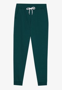 Teal joggingové nohavice vyrobené z príjemného materiálu, s elastickým pásom a bielou šnúrkou, bočnými vreckami a zúženými manžetami.