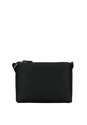 Borsa a tracolla rettangolare nera con tracolla regolabile e chiusura con zip, realizzata in tessuto liscio con logo discreto del marchio sul fronte.