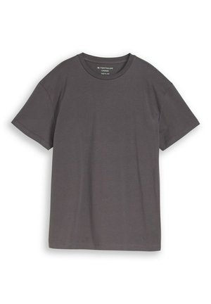 T-shirt en coton gris foncé à manches courtes surdimensionné avec col rond, posé à plat sur fond blanc, taille M/152.