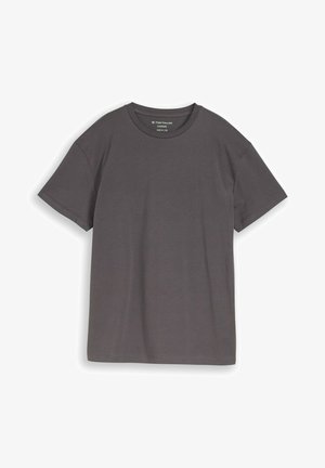 Oversized donkergrijs katoenen T-shirt met korte mouwen en ronde hals, plat gelegd op een witte achtergrond, maat M/152.