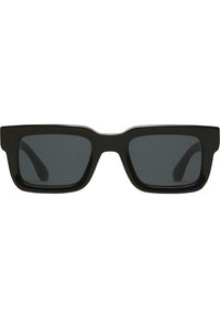 Ochelari de soare rectangulari negri cu lentile întunecate și o ramă groasă. Prezintă ușoare curbe în partea de sus și o textură netedă pe întreaga suprafață.