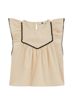 Krémová blúzka bez rukávov s čiernym ozdobným lemom pozdĺž štvorcového výstrihu a volánikových rukávov, s zapínaním na gombíky vzadu.