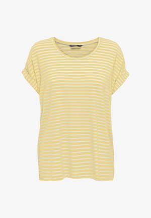 Geel gestreept T-shirt met korte mouwen, gemaakt van zacht materiaal. Heeft een ronde hals en een losse pasvorm met subtiele openingen aan de zijkanten.