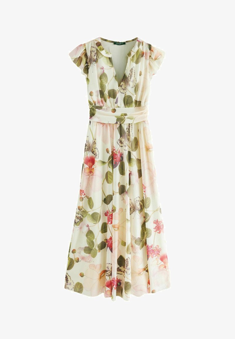 Abito maxi floreale in tessuto leggero, con scollatura a V, maniche a farfalla corte e vita con cintura, decorato da un motivo di fiori rosa e foglie verdi.